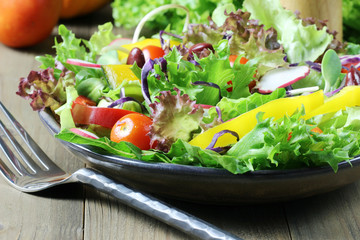 Healthy salad of variety vegetables on wooden table.