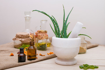 white mortar with aloe on the background of various natural medicines for the prevention of colds, light background, wooden table, copy space, secreted flocs