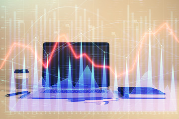 Forex graph hologram with desktop office computer background. Double exposure. Concept of financial analysis.