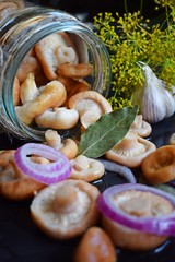 Delicious marinated mushrooms with garlic and onions in a glass jar.