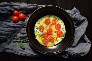 Fried eggs with tomatoes in a frying pan.Tasty and healthy food.