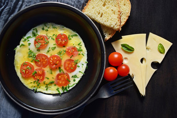 Fried eggs with tomatoes in a frying pan.Tasty and healthy food.
