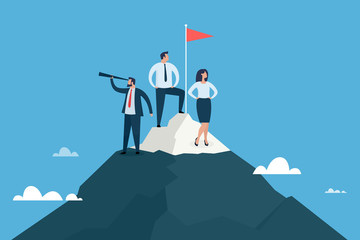 Business team standing on mountain peak with winner flag. Success team work concept. Vector illustration.