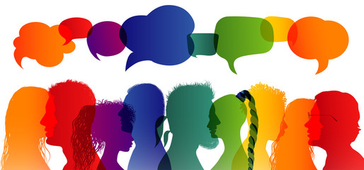 Communication between people. Crowd talking. Speech bubble. Dialogue group of diverse people. Silhouette profiles. Rainbow colours