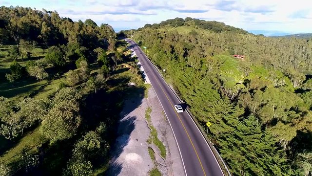 Camioneta en carretera en medio del bosque, drone