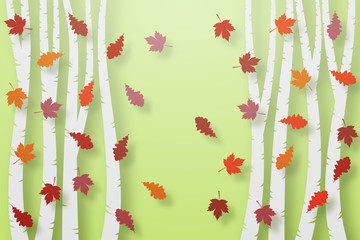 Autumn green background, voluminous multi-colored leaves of maple and oak, trees cut from paper, in layers. Template, blank.