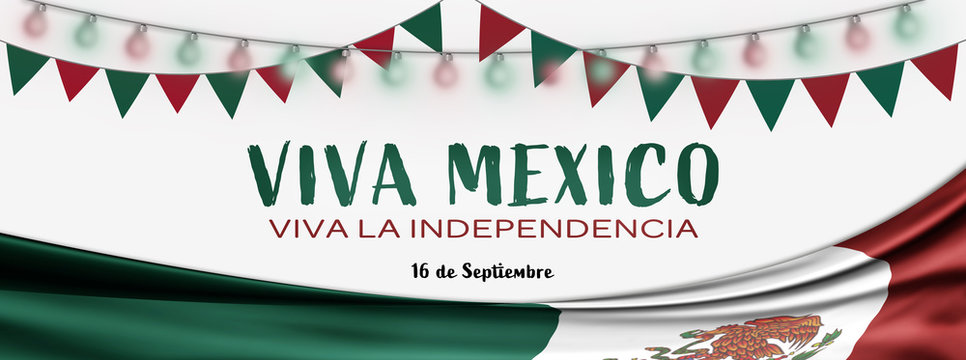 Mexican National Holiday. Mexican Flag background with national colors. Text: Viva Mexico. Viva la Independencia.