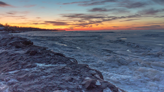 Dramatic Sunset Over Frozen Lake Erie, Ashtabula Ohio