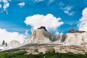 Epic landscape view of mountain terrain in Valle del Frances / French Valley view on W trek in...