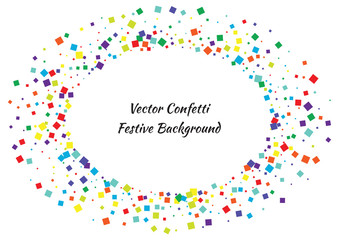 Festive color square confetti background. Abstract frame confetti texture for holiday, postcard, poster, website, carnival, birthday, children's parties. Cover confetti mock-up. Wedding card layout