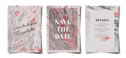 Set of elegant feminine invitation card template layout with pastel reddish pink color accent tree bark texture