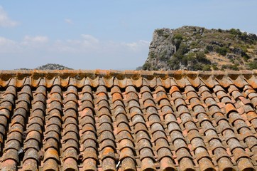 Roof tile and mountain, Casares, Andalusia, Spain