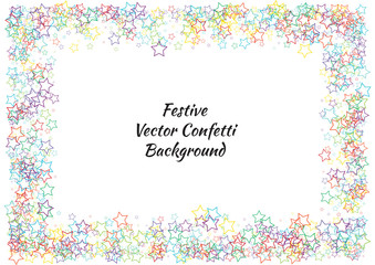 Festive colorful star confetti background. Abstract frame confetti texture for holiday, postcard, poster, website, carnivals, birthday and children's parties. Cover confetti mock-up. Wedding card