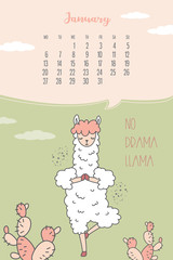 Calendar for January 2020 from Monday to Sunday. Cute llama standing in yoga pose.