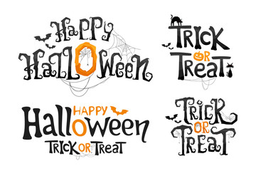 Set of Happy Halloween and Trick or Treat lettering. Stylized vector text. Holiday Illustration on white background for Halloween day. - obrazy, fototapety, plakaty
