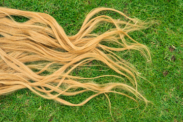Light brown hair extensions on the grass . Blonde hair the background for salons
