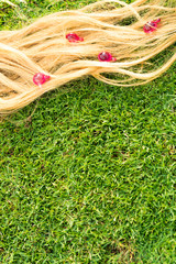 Blond hair nourishment. pink vitamin serum capsule on grass background.Hair loss treatment