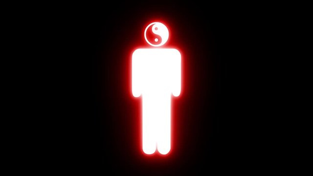 White icon of a man with Yin Yang symbol instead of his head on black background with pulsing red glow in seamless loop
