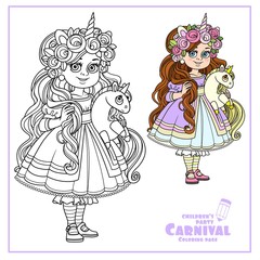 Cute girl in dress and with a plush unicorn color and outlined for coloring page