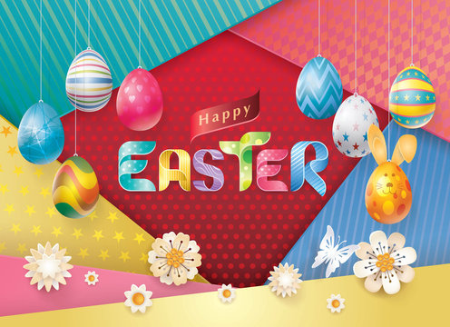 Happy Easter Greeting Card, Colorful Easter Eggs Hanging and white flowers