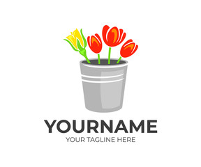 Flowers, roses and tulips in a zinc retro bucket, logo design. Floral, floristry and floristic, vector design and illustration