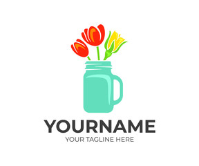 Flowers, roses and tulips in a mason jar, logo design. Floral, floristry and floristic, vector design and illustration