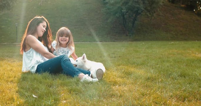 Portrait shot of the Caucasian happy mother and small cute daughter sitting on the grass in the park in summer and petting their haski dog.
