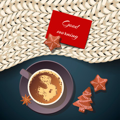 Cozy card design for Good morning, Merry Christmas, Winter. Warm plaid, cookies and cup of coffee. Vector illustration for cover, postcard, poster, card 