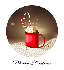 Cute "Merry Christmas" card design with mug of cocoa with marshmallows and candy canes. Vector illustration perfect for greeting card, poster, cover, postcard. 