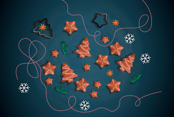 Baked Christmas cookies and decorative red and white rope on the dark blue background. Recipes, Cooking, Merry Christmas concept. Vector illustration for poster, banner, card, cover.