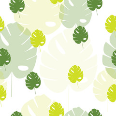seamless pattern with green tropical leaves vector - white background