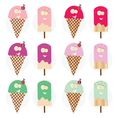 smiling cartoon ice creams in multiple colors vector set - white background