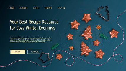 Web page design template for Recipes, Cooking, Merry Christmas. Vector illustration for poster, banner and website development.