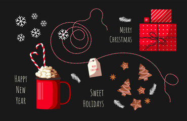Set of Christmas elements on the black background. Mug of cacao with marshmallows and candy canes, Christmas cookies, gift boxes and snowflakes. Vector illustration for card, poster, scrapbooking.