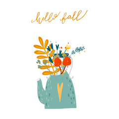 Teapot with autumn bouquet. Hello fall lettering. Vector illustration in flat cartoon style
