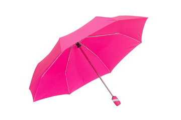 Umbrella isolated. Close-up of beautiful open pink umbrella isolated on a white background.  Fashionable female accessories for the rain season.