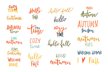 Set of autumn vector hand drawn lettering.