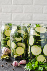 Conservation zucchini in glass jars. Homemade preparations.