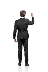 Rear view of businessman writing, isolated