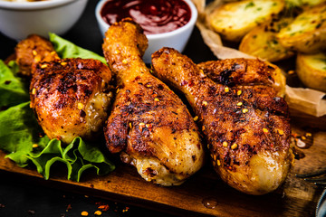 Grilled chicken drumsticks with vegetables