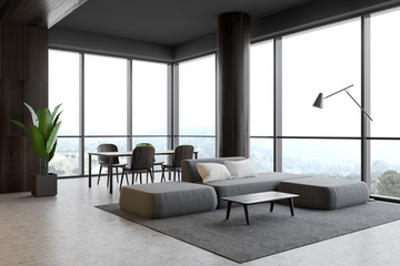 Panoramic gray living room with dining table