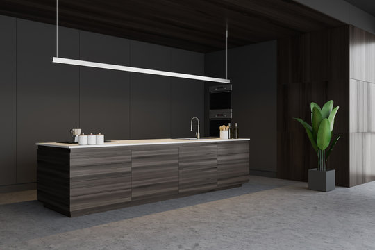 Gray and wooden kitchen corner with island