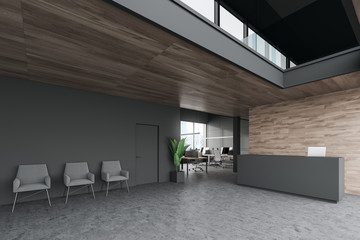 Gray and wood office hall with reception