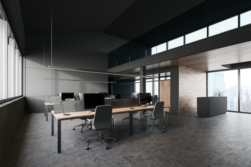 Dark gray open space office with reception desk