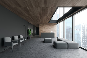 Fototapeta premium Gray and wood office waiting room with reception