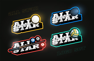 All star Retro style sport logo set. Modern professional Typography golf, hockey, billiard, volleyball emblem text logotype. Design emblem for clothes, card, badge banner, stickers, print.