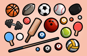Mega collection of Modern professional Vector illustration. Set of sport equipment in simple design with outline. Collection of sport inventory in flat design. Soccer, football, cricket, basket