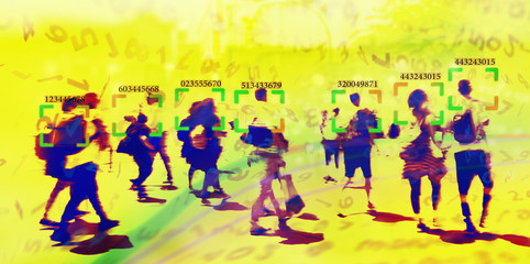 face recognition technology concept illustration of big data and security in city with crowd