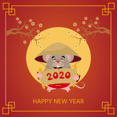 Cartoon cute little rat with traditional chinese costume. Rat chinese symbol of New Year 2020. Vector illustration in Chinese style