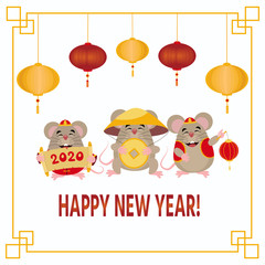 Concept image of symbol chinese happy new year 2020. Rat in colourful chinese  costume.  Hieroglyph translation mouse. Vector  illustration